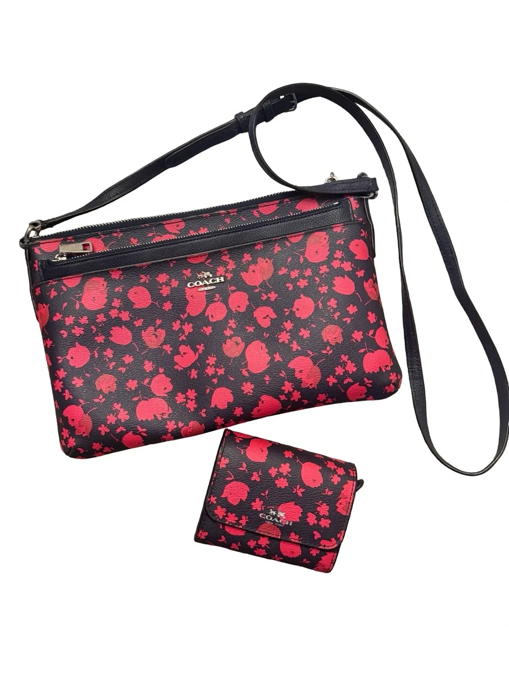 Coach Black & Red Floral Crossbody and Wallet Set